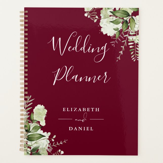 Agenda Casamento Burgundy com Flores Elegantes (Frente)