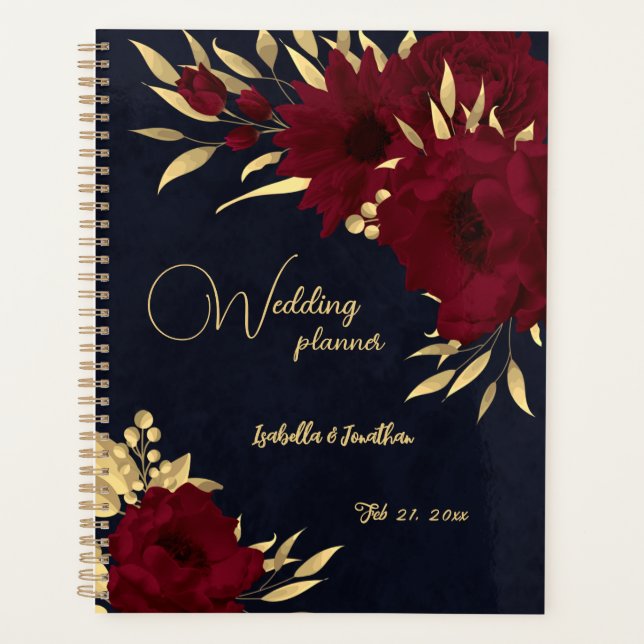 Agenda Casamento burgundy e dourado chic navy (Frente)