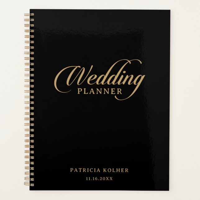 Agenda Casamento Clássico com Caligrafia Preta e Dourada (Frente)