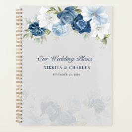 Agenda Casamento com Aquarela Floral Azul Desbotado