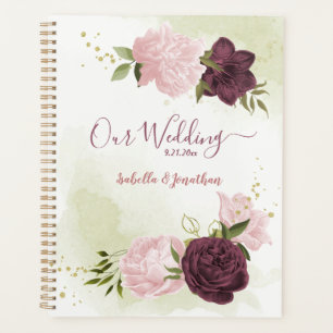 Agenda Casamento com Cabernet e flores cor-de-rosa folhag