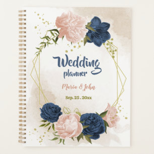 Agenda Casamento com flores de verde e rosa velho naval