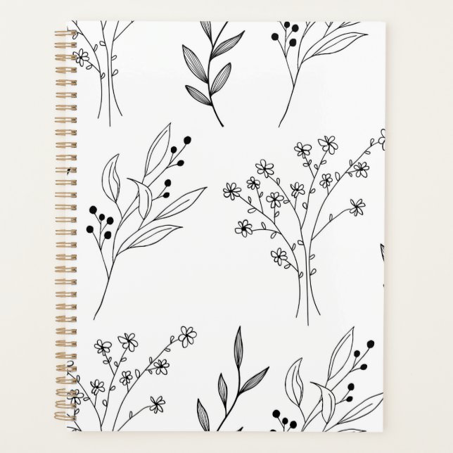 Agenda Casamento de Boho Floral Negro e Branco (Frente)