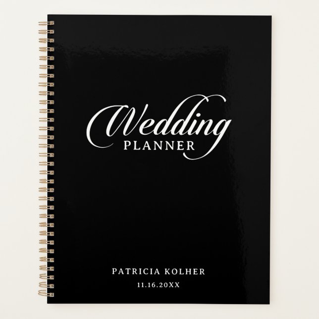 Agenda Casamento de Caligrafia Clássico Preto e Branco (Frente)