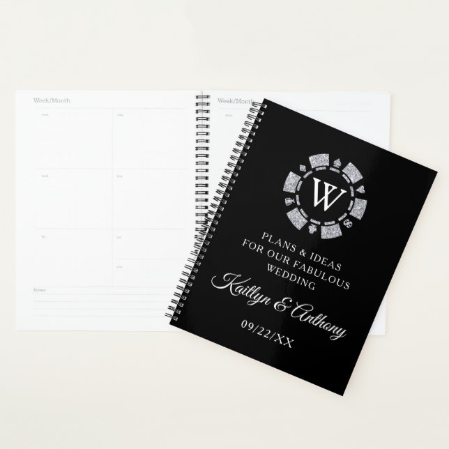 Agenda Casamento de Chip Casino de Silver Glitter Monogra (Exibição)