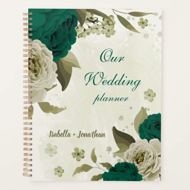 Agenda casamento de flores bege esmeralda verde (Frente)