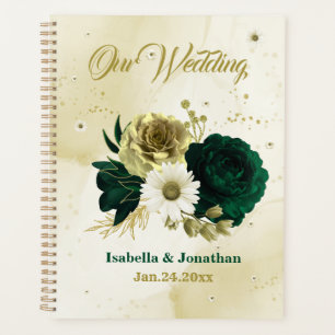 Agenda Casamento de flores de ouro de marfim verde-esmera