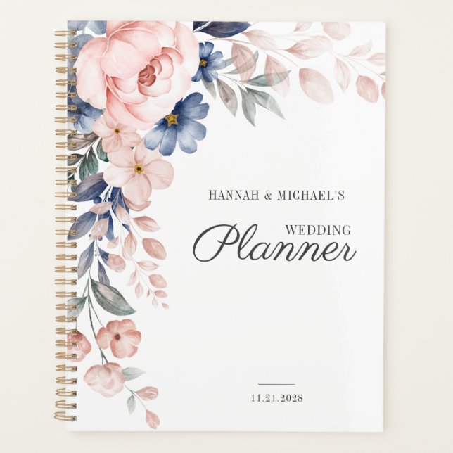 Agenda Casamento de Flores Rosa-de-Aquarelas com Script F (Frente)