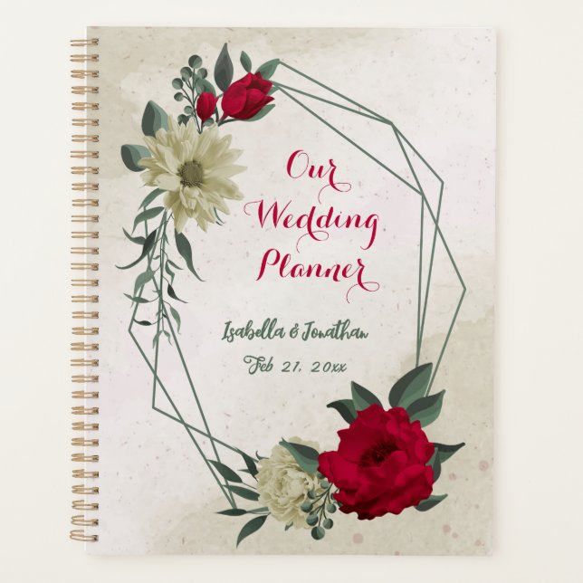 Agenda casamento de flores vermelhas românticas e amarela (Frente)