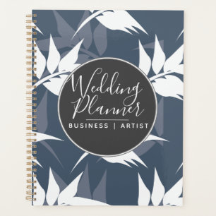 Agenda Casamento de Folhas Florais em Azul Naval Silhueta