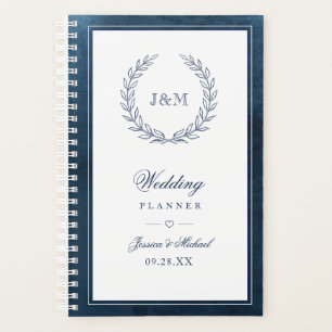 Agenda Casamento de Monograma de Cor Azul de Marinho Eleg