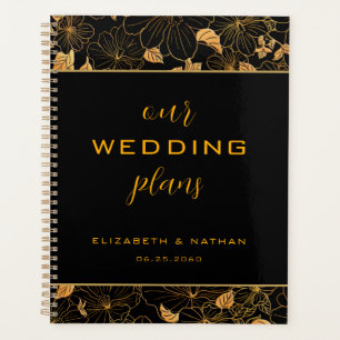 Agenda Casamento de Padrão Floral de Luxo Negro e Ouro