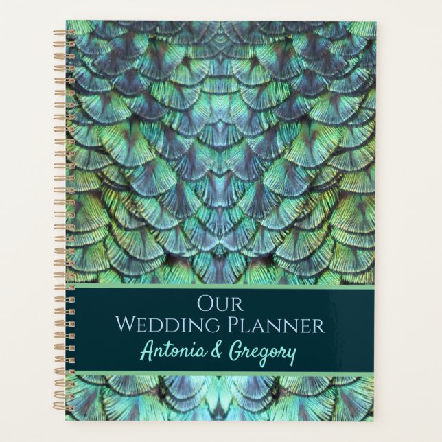 Agenda Casamento de Penas de Peacock Personalizadas Aqua  (Frente)