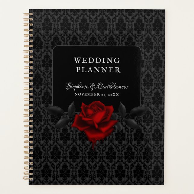 Agenda Casamento de Rosa Gótica Preta Damasko (Frente)