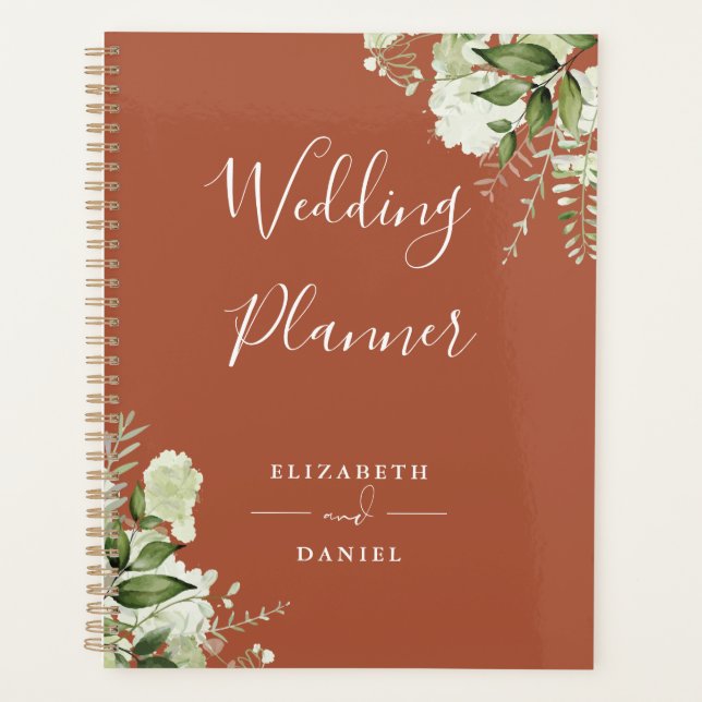 Agenda Casamento de Terracota com Flores Elegantes e Verd (Frente)
