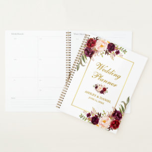 Agenda Casamento Dourado com Watercolor Floral Burgundy