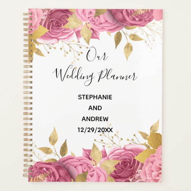 Agenda Casamento Elegante de Rosas Florais Dourados Rosa (Frente)