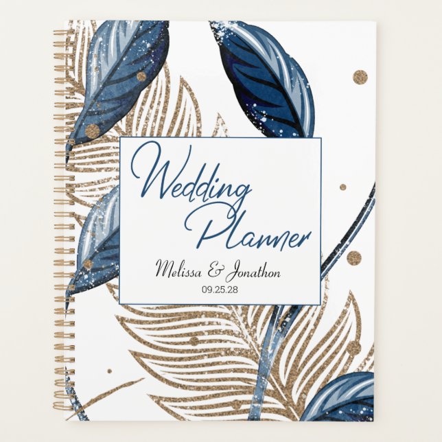 Agenda Casamento Elegante Floral Moderno Dourado Azul (Frente)