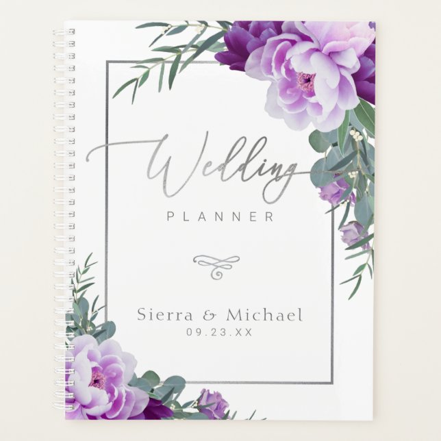 Agenda Casamento Eucalipto Floral Elegante Roxo e Prata (Frente)