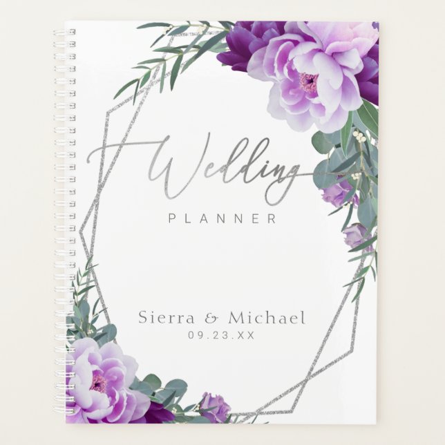 Agenda Casamento Eucalipto Floral Elegante Silver & Purpl (Frente)