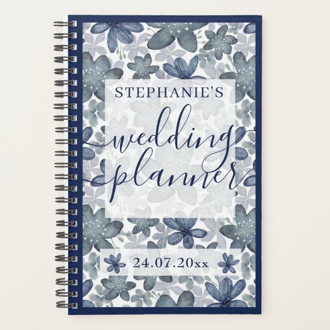 Agenda Casamento floral azul empoeirado Elegante (Frente)