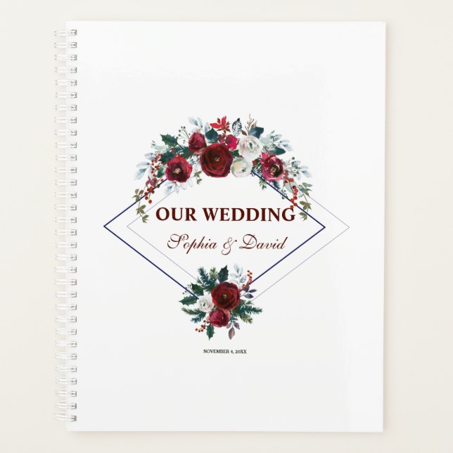 Agenda Casamento Floral Azul Marinho Geométrico Moderno (Frente)