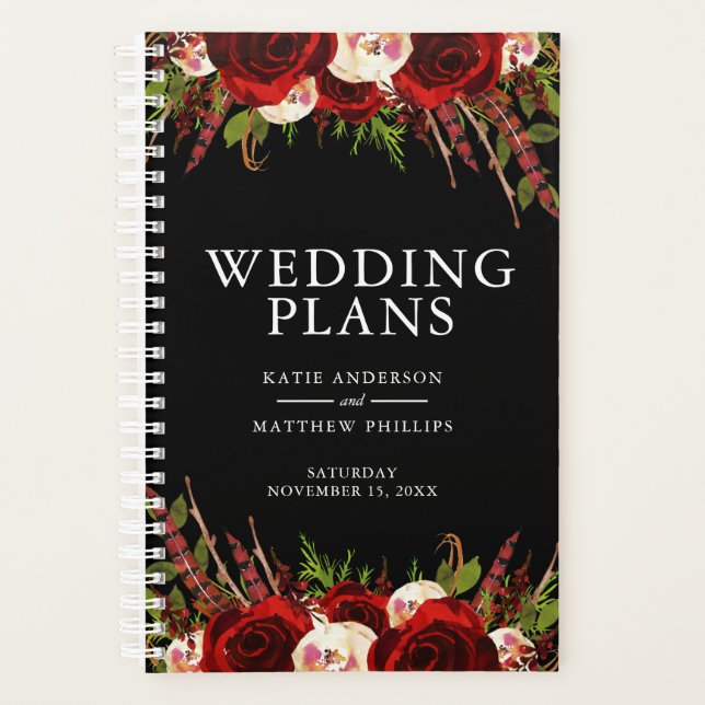 Agenda Casamento Floral Boho Negro Burgundy (Frente)