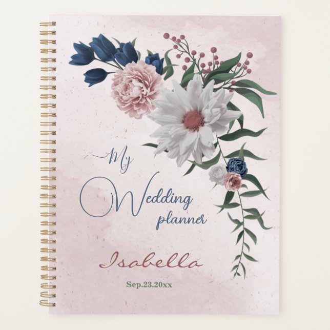 Agenda casamento floral branco rosa azul-rosa (Frente)