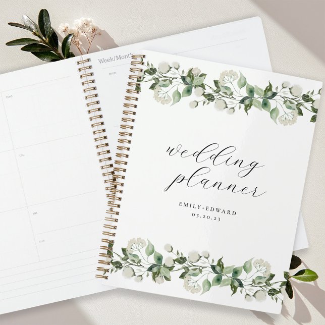 Agenda Casamento Floral Branco & Verde Salvia Elegante (Criador carregado)