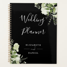 Agenda Casamento Floral Verde Elegante Preto e Branco
