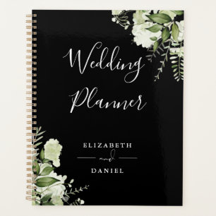 Agenda Casamento Floral Verde Elegante Preto e Branco