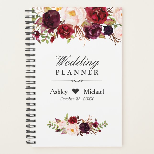 Agenda Casamento Floral Vermelho De Marsala Watercolor (Frente)