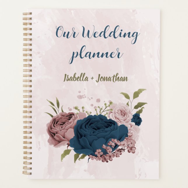 Agenda casamento flores azul marinho rosa (Frente)