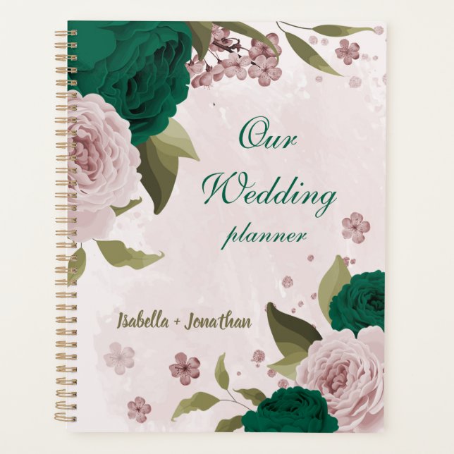Agenda casamento flores cor-de-rosa esmeralda verde (Frente)