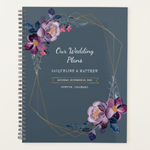 Agenda Casamento Geométrico Dourado Falso Floral Roxo em