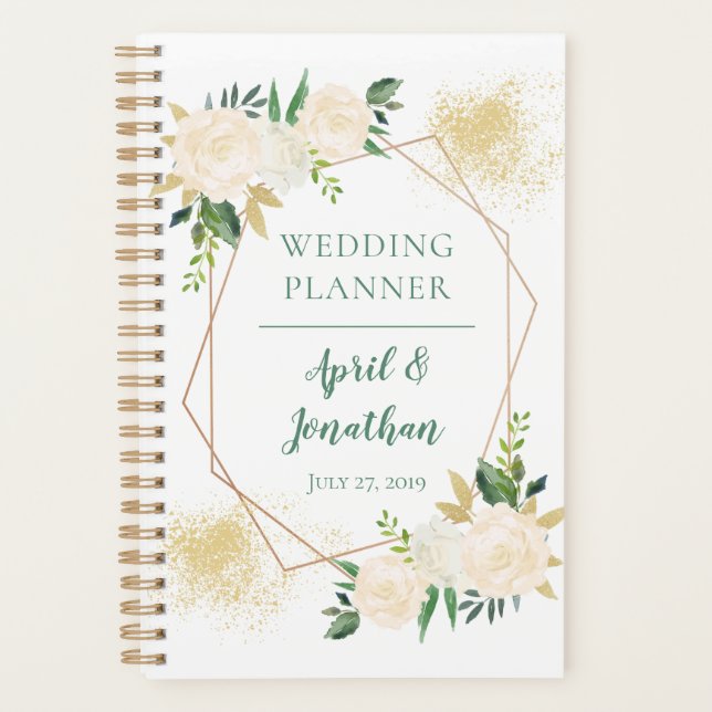 Agenda Casamento Geométrico Floral Dourado Rosa (Frente)