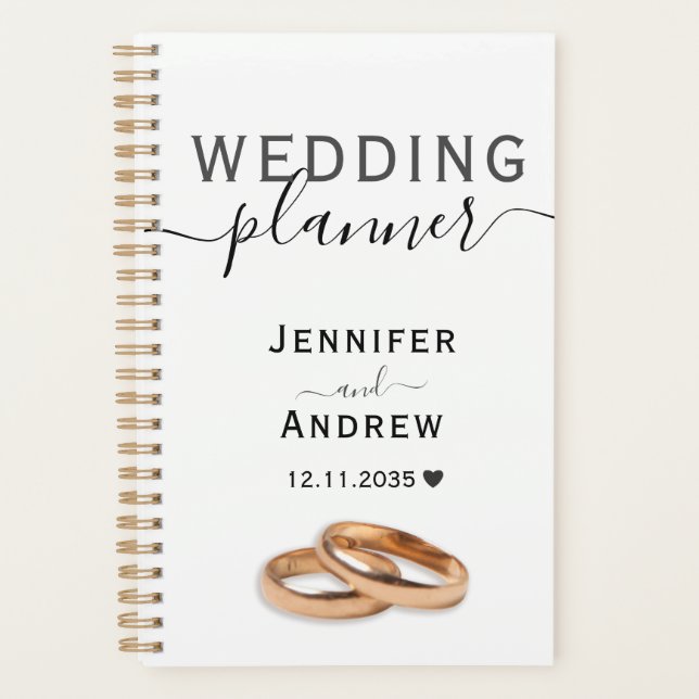 Agenda Casamento Moderno Preto e Branco com Script e Anéi (Frente)