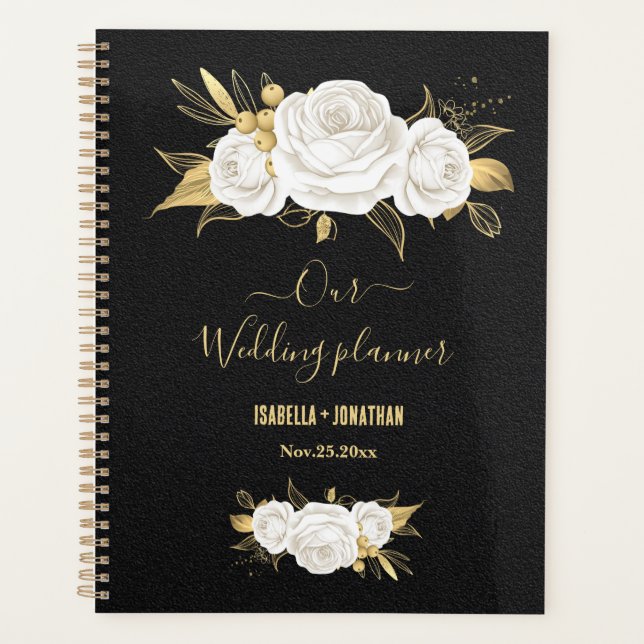 Agenda casamento negro floral de ouro branco (Frente)