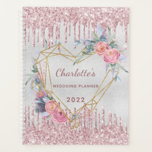Agenda Casamento prata floral pincel rosa brilhante 2022