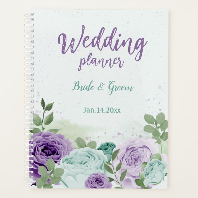 Agenda casamento romântico com flores azuis verdes (Frente)