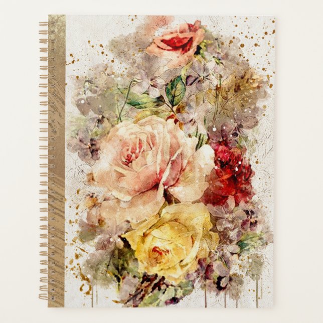 Agenda Casamento Russo Dourado Elegante De Aquarela Flora (Frente)