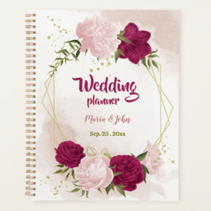 Agenda Casamento verde com flores magenta e rosa