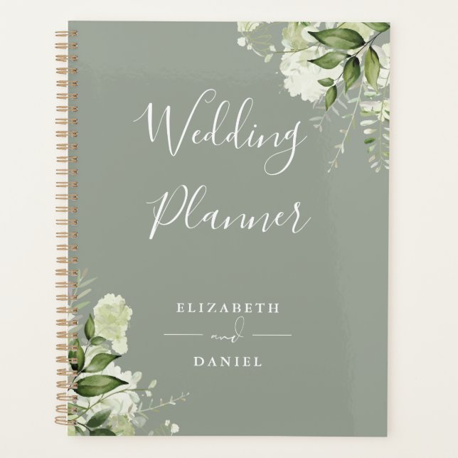 Agenda Casamento Verde Elegante Floral Greenery Sage (Frente)