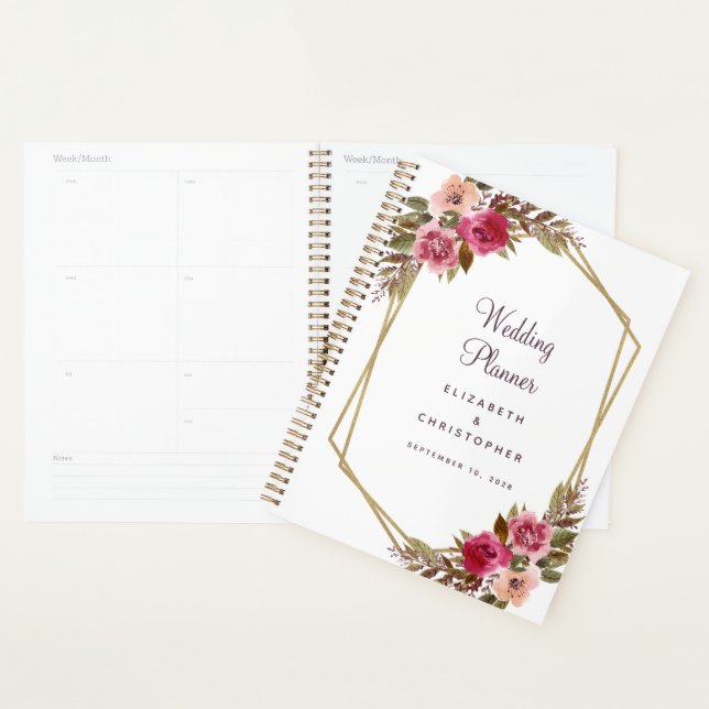 Agenda Cassis Noiva Floral Elegante Moldura Dourada Plane (Exibição)