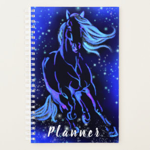 Agenda Cavalo Azul Neon Correndo À Lua À Noite Estrelad