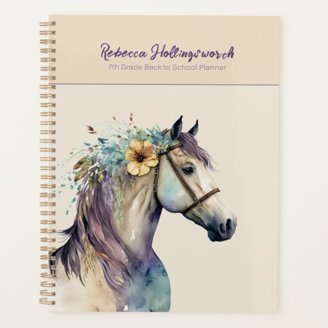 Agenda Cavalo Boho Roxo Personalizado de Volta às Aulas (Frente)