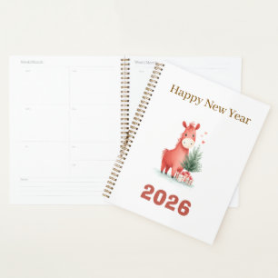 Agenda Cavalo Vermelho de Aquarela com presentes e árvore