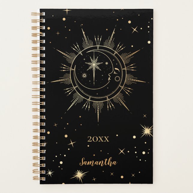 Agenda Celestial Black e Faux Dourado Moon Sun Name Year (Frente)
