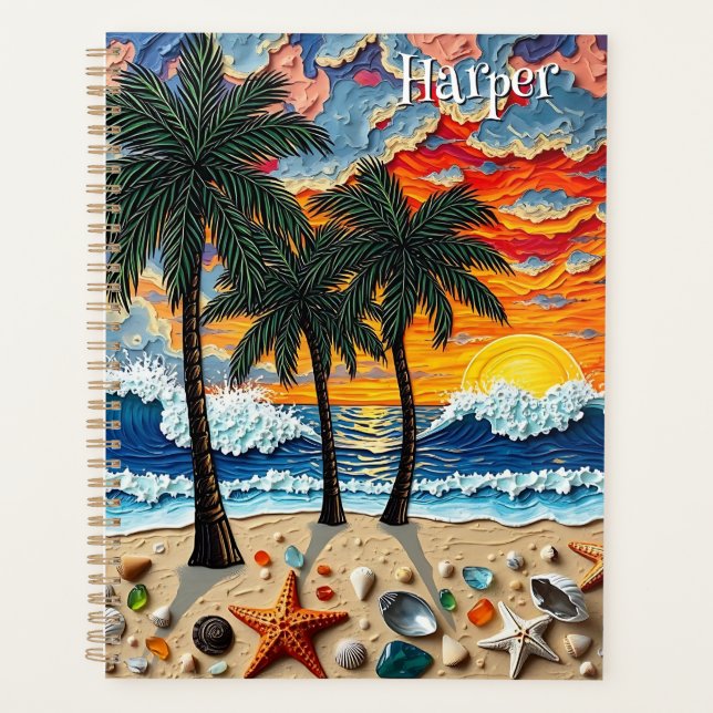 Agenda Cena de Praia Bonita com Árvores Personalizadas (Frente)