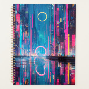 Agenda Cenário Noturno de Cidade Neon Vibrante Futurista